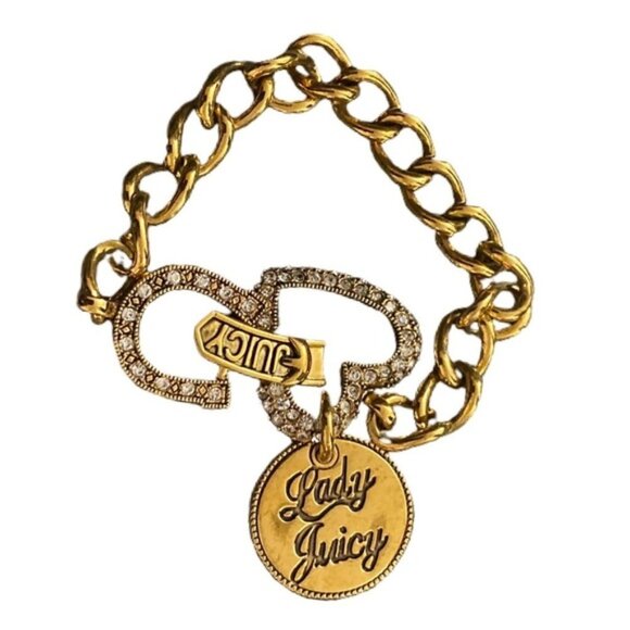 VTG Juicy Couture Womens Bracelet Lady Juicy Horseshoe Charm Gold Tone Chain 8" - Picture 1 of 9